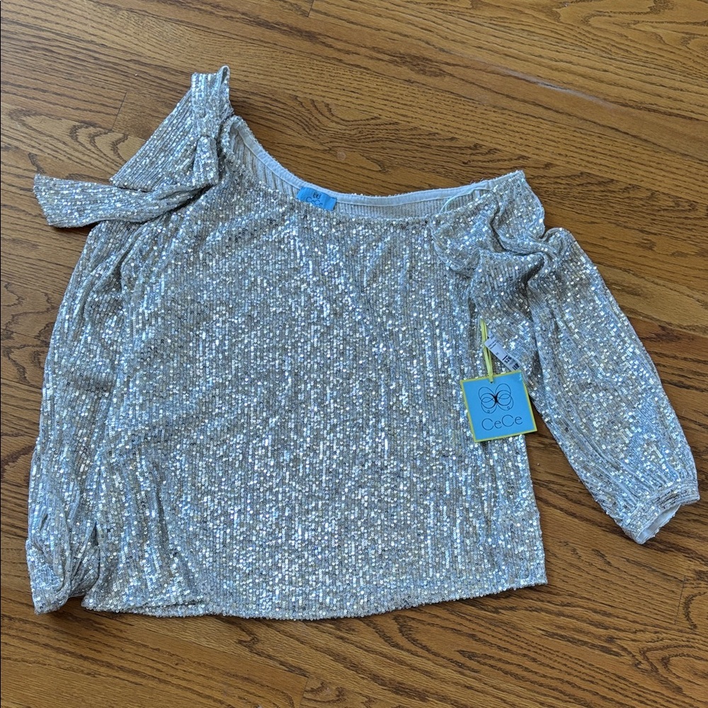 CeCe Sparkling Silver Sequin Top